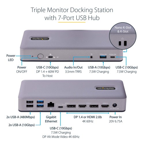 8ST10377311 | Connect a USB Type-C/Thunderbolt 4 enabled Chromebook and a combination of DisplayPort and HDMI monitors to this USB-C Docking Station. This dock supports Chromebooks and Ultra HD 4K monitors. The 3.3ft (1m) USB-C Screw Lock to USB-C Cable ensures a secure connection to the dock and host device.This USB-C Docking Station is tested and certified to meet Google's compatibility standards. The certification ensures seamless operation with Chromebook devices. This is the ideal dock to deploy in business and education environments. Automatic firmware updates are available through ChromeOS for maximum security, compatibility, and performance.Connect a combination of one USB-C DP Alt Mode, one HDMI, and/or up to two DisplayPort monitors to the Video 1 and Video 2 Ports and connect one HDMI monitor to the Video 3 Port for a triple-monitor setup at 4K 30Hz, and features up to 4K 60Hz. High-resolution video performance is vital for applications involving detailed graphics, enhancing workplace productivity by expanding the display capabilities of Chromebook devices.
