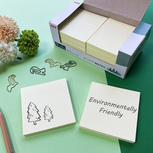 Stickn FSC Sticky Notes 76x76mm 100 Sheets Per Pad Pastel Yellow Plastic Free Packaging (Pack 12) - 21896