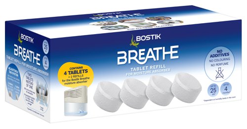 11654BK | Bostik Breathe is a small, silent, air dehumidifier, designed to absorb excess moisture in your home. It’s suitable for all internal humid spaces, including bathrooms, bedrooms and kitchens, as well as within wardrobes and cupboards. Breathe holds two of our moisture absorber tablets, which provides up to 33% more absorption than a standard moisture absorber that only contains one tablet.Pack 4 refills.