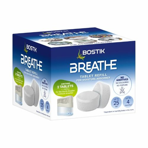 Bostik Breathe is a small, silent, air dehumidifier, designed to absorb excess moisture in your home. It’s suitable for all internal humid spaces, including bathrooms, bedrooms and kitchens, as well as within wardrobes and cupboards.The Bostik Breathe moisture absorber is both dye-free and fragrance-free, making it the perfect choice for those wanting a natural dehumidifier. Plus, it’s reusable and largely made up of recycled materials, meaning it’s better for the planet too.Breathe is a non-electric dehumidifier so is super simple to install. It can hold two of our moisture absorber tablets, which provides up to 33% more absorption than a standard moisture absorber that only contains one tablet.The two-tablet system is also adjustable depending on the room size, with one tablet covering smaller spaces, and two tablets covering an area of up to 25m2.