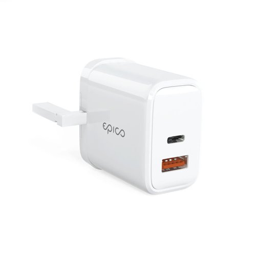 8EC10383922 | Epico 65W GaN Charger introduces a new, more effective charging with advanced GaN technology. Gallium nitride (GaN) produces less heat, allowing components to be closer together. Thanks to that, the 65W GaN charger is compact and lightweight. This charger will reliably charge all your devices by offering two ports, a USB-C PD port with a maximum power delivery of 65W and a USB-A port with 18W. If using both ports, the charger consolidates the power output to a maximum power of 57W.