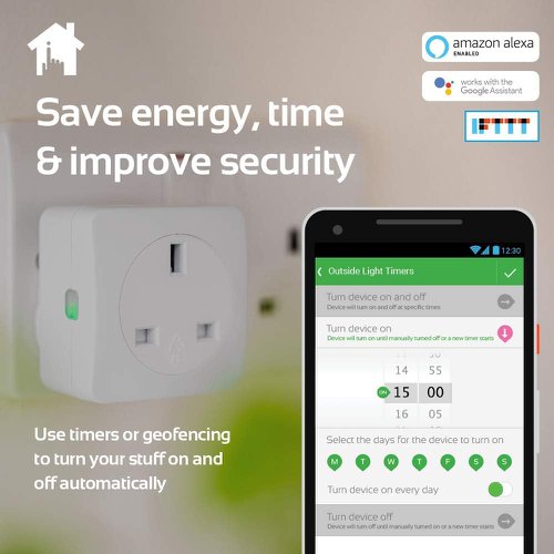 8ENMIHO109 | The easy-to-install MiHome Wifi Smart Plug gives you peace of mind that you'll never leave devices running again. The Alexa-compatible MiHome Smart Wifi Plug enables you to control your devices from anywhere without the need of a MiHome Gateway or Hub. The easy-to-install MiHome Wifi Smart Plug gives you peace of mind that you'll never leave devices running again. Simply download the free MiHome app to schedule lights, coffee machines, fans and appliances to turn on and off automatically or control them remotely when you're away in case you forget to turn them off. Works with Alexa and Google so you can voice control your MiHome Wifi Smart Plug without having to move from the sofa. Conveniently-sized, you can use multiple MiHome Wifi Smart Plugs side by side or put them anywhere in the house so you can save energy and money on your bills. An essential must-have for all smart home users building their MiHome smart home.