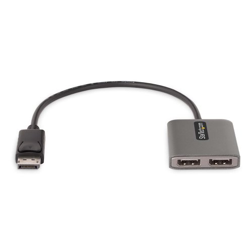 This DisplayPort to DisplayPort MST Hub enables a connection to two DP monitors, using a single DisplayPort enabled host device.Multi-Stream Transport (MST) technology combines multiple video signals into a single output signal/stream. This MST Hub separates the single input stream into two independent signals, one for each DisplayPort enabled display. Support for High Dynamic Range (HDR) offers increased contrast, brightness, colours, and luminosity.Configure the dual-DP displays in extended or mirrored mode. Create a high-performance workstation by adding two independent 4K 60Hz displays. This empowers increased multi-tasking across your organization, resulting in increased productivity.This MST Hub works with DisplayPort enabled Windows devices featuring 11th generation (and later) processors, or dedicated graphics cards that have a DisplayPort 1.4 output. Plug-and-play installation, with no drivers or software required. The 12in (30cm) built-on cable provides options for flexible installation configurations, reducing the amount of strain on ports and connectors. Additionally, this dual-monitor splitter is USB Powered and comes with the USB Micro-B power cable.