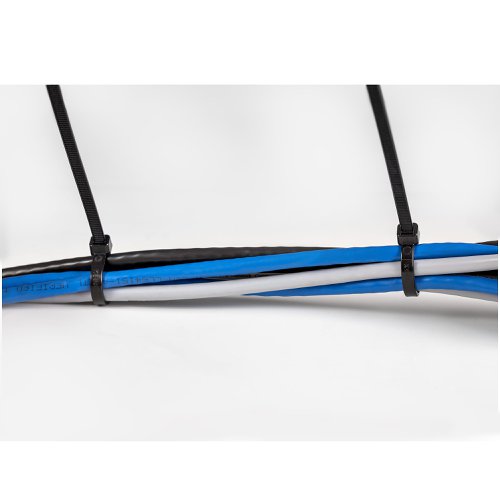 8ST10312665 | These Extra-Large cable ties enable you to conveniently bundle and secure multiple cables, to route and organize them. 100 Black cable ties are included, ensuring you'll have plenty on hand.These plastic electrical cable wraps are 10” (25 cm) in length securing cable bundles up to 2.67” (68 mm) in diameter. They're quick and easy to install or remove, with adjustable tension and a basic one-piece design -- perfect for organizing network cables, power cables, or other cables at your home or office workstation.Made of durable Nylon 66 material, these cable ties are tough and flexible. They've been rigorously tested to support up to 50 lbs (22.7 kg) of weight & are UL94 V-2 fire rated, UL Approved, and CE & Lloyd's Register Certified.