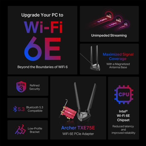 WiFi 6E means WiFi 6 extended to the 6 GHz band, a newly-opened frequency band that adds more bandwidth, faster speeds, and lower latency. This opens up resources for future innovations in AR/VR, 8K streaming, and more.Archer TXE75E arms your PC with the newly opened 6 GHz band, unlocking your WiFi 6E router’s full potential. Enjoy unimpeded streaming on the 6 GHz band—exclusive to WiFi 6E devices. This prevents drops in speed and interference from legacy devices.Two multi-directional and high-performance antennas with a magnetized base extend your existing WiFi reception capabilities, allowing you to stream throughout your home. Place the antenna base anywhere on your desktop to find the optimal location for signal reception.