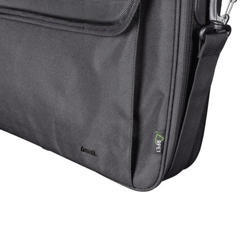 Keep your laptop safe in the large, padded compartment. Keep your accessories, peripherals and personal belongings safe in the extra compartments. Keep the environment safe, because of the recycled material that this laptop bag is made of. The Trust Atlanta is safe in different ways.The Trust Atlanta is made from 17 recycled PET bottles, making this bag very eco-friendly; the origin of the used materials is verified according to the Global Recycled Standard. Reduce your carbon footprint by carrying a bag that is almost completely made of recycled materials.The padded compartments protect your laptop and your belongings from damaging. And thanks to the metal zippers and Velcro fasteners, your trusty laptop stays safe when you move from place to place. Carry your laptop by the hand strap on this laptop bag or just use the adjustable shoulder strap that comes included. Most laptops up to 15.6 inches fit comfortably in the Trust Atlanta.