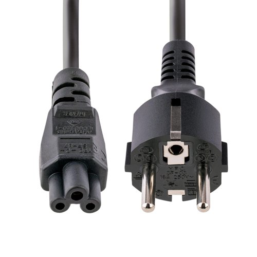 The 753E-3M-POWER-LEAD 3m Laptop Power Cord features one Schuko CEE 7 European power plug and one 3-prong IEC 60320 C5 connector It is a suitable replacement cable for an HP, Toshiba or other compatible laptop equipped with a C6 enabled power brick.