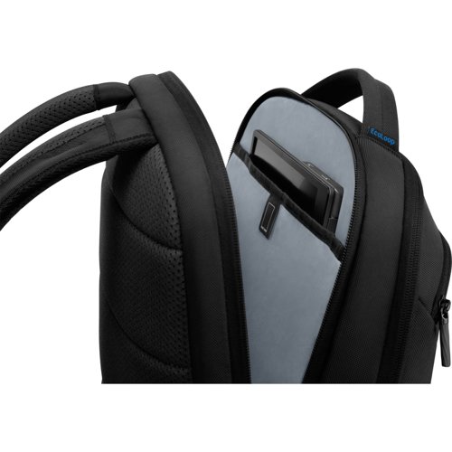 8DELLCP5723 | Protect your laptop with this durable backpack made of water-resistant materials for a life on the go. With additional compartment and organizer for keyboard, portable display/tablet, mouse, headset and other tech accessories it’s the new ‘hub’ for your portable office.The backpack comes with enough storage to carry most of what you’ll need to do your work. It features purpose built compartments and organizers for items that need to be accessed easily.Protect your laptop from spills, bumps and scratches with anti-scratch Nylex lining and the 360 degree foam cushioning that has a mesh bumper on top, EVA+ foam for bottom and side walls. The weather resistant backpack allows you to commute worry-free even on a rainy day.Dell EcoLoop™ labeled backpack is produced with select materials and/or methods that reduce the environmental impact compared to traditional industry techniques. The backpack’s exterior main fabric is made with 100% OceanCycle Certified™ recycled oceanbound plastic.