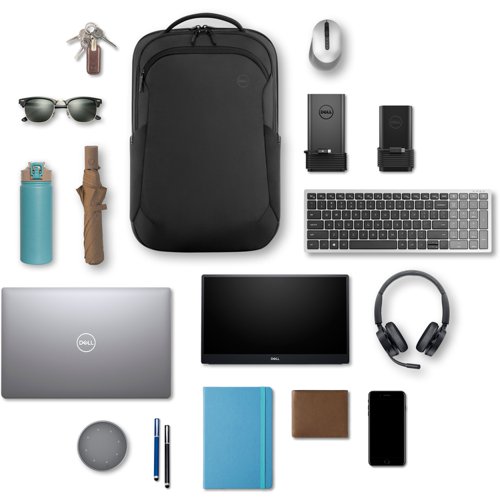 8DELLCP5723 | Protect your laptop with this durable backpack made of water-resistant materials for a life on the go. With additional compartment and organizer for keyboard, portable display/tablet, mouse, headset and other tech accessories it’s the new ‘hub’ for your portable office.The backpack comes with enough storage to carry most of what you’ll need to do your work. It features purpose built compartments and organizers for items that need to be accessed easily.Protect your laptop from spills, bumps and scratches with anti-scratch Nylex lining and the 360 degree foam cushioning that has a mesh bumper on top, EVA+ foam for bottom and side walls. The weather resistant backpack allows you to commute worry-free even on a rainy day.Dell EcoLoop™ labeled backpack is produced with select materials and/or methods that reduce the environmental impact compared to traditional industry techniques. The backpack’s exterior main fabric is made with 100% OceanCycle Certified™ recycled oceanbound plastic.