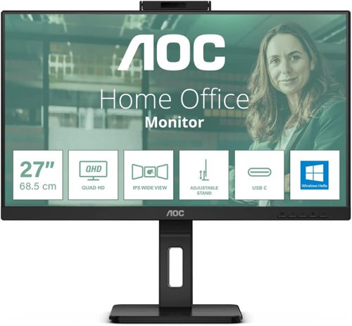 8AOQ27P3CW | The AOC Q27P3CW is a 27” flat-screen IPS monitor with a three-sided bezel design offering the features and flexibility that today’s professionals seek. Enjoy the incredible detail of QHD (2560 x 1440) resolution, which provides superior clarity and contrast for editing photos, videos, or watching movies. This model features peak 350-nit brightness and generous 178/178° wide viewing angles. To ensure smooth remote collaboration, this monitor features two built-in 5W + 5W speakers for high-quality sound and a 5MP integrated webcam supporting Windows Hello™. Monitor Q27P3CW is ready to boost your productivity with USB-C supporting Power Delivery up to 65W, data transfer and DP-alt mode. Connectivity of this monitor is enhanced with USB Hub, RJ-45 & DP-out. To ensure the most efficient power consumption, an array of environmental certifications including EPA, TCO, and EPEAT complete this monitor.