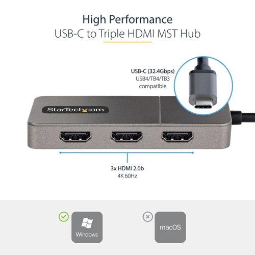 8ST10376900 | This USB-C to HDMI MST Hub enables a connection to three HDMI monitors, using a DisplayPort Alternate Mode (DP Alt Mode) capable USB-C host device.Configure up to three displays in extended or mirrored mode, using this USB-C to HDMI triple-video adapter.Connecting three independent 4K 60Hz displays creates high-performance extended-display workstations. This encourages increased multi-tasking across your organization, resulting in increased productivity.Multi-Stream Transport (MST) technology combines multiple video signals into a single signal/stream. This MST Hub separates the single stream into three independent signals, one for each HDMI enabled display. Support for High Dynamic Range (HDR) offers increased contrast, brightness, colors, and greater luminosity.Windows devices that support DP Alt Mode over USB-C feature native support for MST. This USB-C to HDMI hub is compatible with Thunderbolt 3/4, and USB4 enabled Windows devices. Plug-and-play installation, with no drivers or software required. The 12in (30cm) attached cable provides options for flexible installation configurations, reducingthe amount of strain on ports and connectors. Additionally, this triple-monitor splitter is bus-powered, meaning no external power is required.This product is backed for 3-years, including free lifetime 24/5 multi-lingual technical assistance