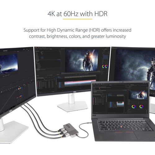 8ST10376900 | This USB-C to HDMI MST Hub enables a connection to three HDMI monitors, using a DisplayPort Alternate Mode (DP Alt Mode) capable USB-C host device.Configure up to three displays in extended or mirrored mode, using this USB-C to HDMI triple-video adapter.Connecting three independent 4K 60Hz displays creates high-performance extended-display workstations. This encourages increased multi-tasking across your organization, resulting in increased productivity.Multi-Stream Transport (MST) technology combines multiple video signals into a single signal/stream. This MST Hub separates the single stream into three independent signals, one for each HDMI enabled display. Support for High Dynamic Range (HDR) offers increased contrast, brightness, colors, and greater luminosity.Windows devices that support DP Alt Mode over USB-C feature native support for MST. This USB-C to HDMI hub is compatible with Thunderbolt 3/4, and USB4 enabled Windows devices. Plug-and-play installation, with no drivers or software required. The 12in (30cm) attached cable provides options for flexible installation configurations, reducingthe amount of strain on ports and connectors. Additionally, this triple-monitor splitter is bus-powered, meaning no external power is required.This product is backed for 3-years, including free lifetime 24/5 multi-lingual technical assistance