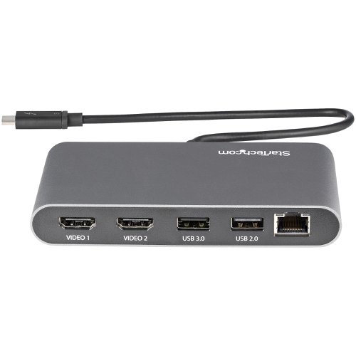 This certified Thunderbolt 3 docking station is a compact mini dock, delivering essential connections for productivity. The bus-powered dock connects dual 4K HDMI displays, Gigabit Ethernet, and two USB-A (USB 3.2 / 2.0) ports and for flexible set up, the attached Thunderbolt 3 cable has an extended length of (11 in./ 28 cm). Great for editing 4K video or other Ultra HD tasks, this portable Thunderbolt 3 to HDMI dock supports 40 Gbps of throughput and 4K resolution at 60Hz on dual HDMI monitors, through a single Thunderbolt 3 port. Run resource-demanding applications on two independent displays without draining system resources.