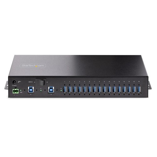 The 16-Port Industrial USB 3.0 Hub with 5Gbps of shared bandwidth provides fast and efficient transfer speeds,making it an ideal solution for data-intensive applications. The hub features a 2-port host switch, enabling users toswitch between two host devices, streamlining device management. The hub also includes ESD protection tosafeguard against static electricity. Versatile mounting hardware is included for flexible installation options.Additionally, the hub supports USB BC 1.2, enabling fast charging of battery-powered USB devices. The combinedfeatures of this USB hub ensure stable and reliable functionality for use in IT and industrial applications.This USB hub is built to withstand harsh industrial environments. It features a rugged steel housing that providesprotection against physical hazards such as drops and impacts. It is equipped with Level-4 ESD protection, with 15kVair and 8kV contact discharge ratings, to safeguard against damage caused by static electricity. These features makethe USB hub an excellent choice for use in factories, production lines, and other industrial settings.The 16-Port USB Hub offers three mounting options to accommodate a wide variety of applications, from IT toindustrial. The 19” rackmount rails included with the 16-Port USB hub are compliant with EIA-310 standards, ensuringcompatibility with standard racks. These rails can be used to install the USB hub into 1U of rack space forapplications in data centers and server rooms. The built-in surface mount is perfect for workstations, desks, or walls,where users need quick access to the USB hub. The standard DIN-rail (Top Hat/TH) mounting hardware is bestsuited for industrial automation and control equipment.This USB Hub features two 12-24V DC power options. Power can be inputted using the 2-wire terminal blockconnector or the barrel connector. Both options enable support for USB Battery Charging Specification 1.2 (BC 1.2)with 120W shared across all ports. Ports are grouped in 8 pairs (1&2, 3&4, 5&6, 7&8, 9&10, 11&12, 13&14, 15&16)and each pair supports max 3.0A/15W combined (1.5A/7.5W per port), or max 2.0A/10W per port when only one ofboth ports is used.The USB Hub can connect to two separate desktop or laptop computers, and features a dual-host switch that enableseasy toggling between them. The dual-host switch provides a convenient solution for applications requiring two hostdevices.This USB Hub is OS independent ensuring compatibility with all operating systems, including Windows, macOS, andLinux.Developed to improve performance and security, StarTech.com Connectivity Tools is the only software suite on themarket that is compatible with a wide variety of IT connectivity accessories. This product utilizes the USB EventMonitoring utility. Use this utility to track and log connected USB devices