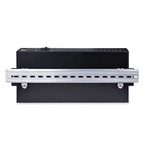 The 16-Port Industrial USB 3.0 Hub with 5Gbps of shared bandwidth provides fast and efficient transfer speeds,making it an ideal solution for data-intensive applications. The hub features a 2-port host switch, enabling users toswitch between two host devices, streamlining device management. The hub also includes ESD protection tosafeguard against static electricity. Versatile mounting hardware is included for flexible installation options.Additionally, the hub supports USB BC 1.2, enabling fast charging of battery-powered USB devices. The combinedfeatures of this USB hub ensure stable and reliable functionality for use in IT and industrial applications.This USB hub is built to withstand harsh industrial environments. It features a rugged steel housing that providesprotection against physical hazards such as drops and impacts. It is equipped with Level-4 ESD protection, with 15kVair and 8kV contact discharge ratings, to safeguard against damage caused by static electricity. These features makethe USB hub an excellent choice for use in factories, production lines, and other industrial settings.The 16-Port USB Hub offers three mounting options to accommodate a wide variety of applications, from IT toindustrial. The 19” rackmount rails included with the 16-Port USB hub are compliant with EIA-310 standards, ensuringcompatibility with standard racks. These rails can be used to install the USB hub into 1U of rack space forapplications in data centers and server rooms. The built-in surface mount is perfect for workstations, desks, or walls,where users need quick access to the USB hub. The standard DIN-rail (Top Hat/TH) mounting hardware is bestsuited for industrial automation and control equipment.This USB Hub features two 12-24V DC power options. Power can be inputted using the 2-wire terminal blockconnector or the barrel connector. Both options enable support for USB Battery Charging Specification 1.2 (BC 1.2)with 120W shared across all ports. Ports are grouped in 8 pairs (1&2, 3&4, 5&6, 7&8, 9&10, 11&12, 13&14, 15&16)and each pair supports max 3.0A/15W combined (1.5A/7.5W per port), or max 2.0A/10W per port when only one ofboth ports is used.The USB Hub can connect to two separate desktop or laptop computers, and features a dual-host switch that enableseasy toggling between them. The dual-host switch provides a convenient solution for applications requiring two hostdevices.This USB Hub is OS independent ensuring compatibility with all operating systems, including Windows, macOS, andLinux.Developed to improve performance and security, StarTech.com Connectivity Tools is the only software suite on themarket that is compatible with a wide variety of IT connectivity accessories. This product utilizes the USB EventMonitoring utility. Use this utility to track and log connected USB devices