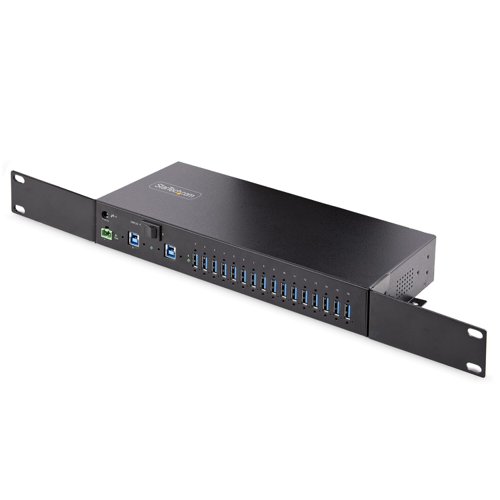 8ST10386442 | The 16-Port Industrial USB 3.0 Hub with 5Gbps of shared bandwidth provides fast and efficient transfer speeds,making it an ideal solution for data-intensive applications. The hub features a 2-port host switch, enabling users toswitch between two host devices, streamlining device management. The hub also includes ESD protection tosafeguard against static electricity. Versatile mounting hardware is included for flexible installation options.Additionally, the hub supports USB BC 1.2, enabling fast charging of battery-powered USB devices. The combinedfeatures of this USB hub ensure stable and reliable functionality for use in IT and industrial applications.This USB hub is built to withstand harsh industrial environments. It features a rugged steel housing that providesprotection against physical hazards such as drops and impacts. It is equipped with Level-4 ESD protection, with 15kVair and 8kV contact discharge ratings, to safeguard against damage caused by static electricity. These features makethe USB hub an excellent choice for use in factories, production lines, and other industrial settings.The 16-Port USB Hub offers three mounting options to accommodate a wide variety of applications, from IT toindustrial. The 19” rackmount rails included with the 16-Port USB hub are compliant with EIA-310 standards, ensuringcompatibility with standard racks. These rails can be used to install the USB hub into 1U of rack space forapplications in data centers and server rooms. The built-in surface mount is perfect for workstations, desks, or walls,where users need quick access to the USB hub. The standard DIN-rail (Top Hat/TH) mounting hardware is bestsuited for industrial automation and control equipment.This USB Hub features two 12-24V DC power options. Power can be inputted using the 2-wire terminal blockconnector or the barrel connector. Both options enable support for USB Battery Charging Specification 1.2 (BC 1.2)with 120W shared across all ports. Ports are grouped in 8 pairs (1&2, 3&4, 5&6, 7&8, 9&10, 11&12, 13&14, 15&16)and each pair supports max 3.0A/15W combined (1.5A/7.5W per port), or max 2.0A/10W per port when only one ofboth ports is used.The USB Hub can connect to two separate desktop or laptop computers, and features a dual-host switch that enableseasy toggling between them. The dual-host switch provides a convenient solution for applications requiring two hostdevices.This USB Hub is OS independent ensuring compatibility with all operating systems, including Windows, macOS, andLinux.Developed to improve performance and security, StarTech.com Connectivity Tools is the only software suite on themarket that is compatible with a wide variety of IT connectivity accessories. This product utilizes the USB EventMonitoring utility. Use this utility to track and log connected USB devices