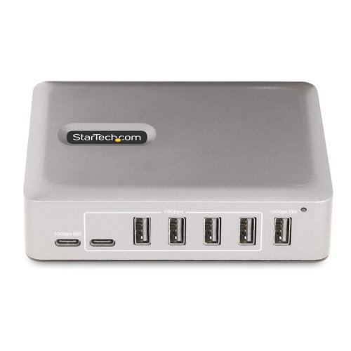 8ST10390868 | Add seven USB 3.2 Gen 2 (10Gbps) ports (5x USB-A, 2x USB-C) to a USB-C computer using this 7-Port USB-C Hub. The USB Hub is self-powered with an included power adapter. The USB Hub features Overcurrent Protection (OCP). OCP aids in preventing peripherals from overdrawing power, avoiding USB device dropouts, and the computers from shutting down unexpectedly. Support for Wake On USB enables USB communications, from devices connected to the hub, to take the computer out of standby or other power saving/sleep modes.The USB Hub shares 10Gbps from the USB host device, enabling high-speed data transfers for high-performance applications. The USB hub is backward compatible with previous USB versions, including USB 3.2 Gen 1 (5Gpbs), USB 2.0 (480Mbps), and USB 1.1 (12Mbps). It features five USB-A ports and two USB-C ports. This combination of ports enables support for a wide range of modern and legacy USB devices, such as external storage devices (e.g., thumb drives, HDDs/SSDs), HD Cameras (e.g., webcams), mice, keyboards, and USB headsets.The USB hub is self-powered, using the 65W power adapter. The hub features two USB BC 1.2 ports (1x USB-A, 1x USB-C), each providing 2.4A (12W) of power simultaneously, making it ideal to charge battery powered USB devices like smartphones, and tablets, while also providing a data connection. These ports will provide power with or without a host computer connected, with support for both CDP (Charging Downstream Port) & DCP (Dedicated Charging Port) applications. The hub features four USB-A, and one USB-C port that each provide the USB 3.2 standard of 0.9A (4.5W) of power. The included power adapter ensures that all ports will always provide specified power regardless of how many devices are connected.A high-quality USB-IF certified USB-C host cable is included. The cable features a screw-locking, connector to ensure a secure and reliable connection to the USB hub. The Thermoplastic Elastomer (TPE) cable jacket is softer and more flexible than PVC jacketed cables.The 7-Port USB Hub is OS independent supporting all operating systems, including Windows, macOS, ChromeOS, iPadOS and Android. Installation is automatic upon connection to a host computer.Mount the USB Hub to a wall, desk, or VESA mount