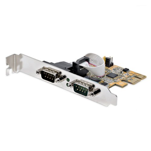 8ST10384050 | Add serial communication support to a Small Form Factor (SFF) or full-size system, using this two-port serial card.RS-232 (DB9) support enables control and communication with serial peripheral devices.Install this card to enable the continued use of legacy serial devices, preventing down time and avoiding costly upgrades. The 2-port PCIe serial card is ideal for system upgrades in a wide range of applications for logistics, manufacturing, and freight sectors, and the IT industry, such as POS equipment, security systems, A/V installations, and more.The RS-232 card features dual ports with 16C1050 UART support, 256-byte FIFO (transmit/receive), bi-directional speeds up to 921.6 Kbps per port, low-profile brackets are included for SFF systems, and serial port LED status lights. In addition, it supports Windows and Linux systems for maximum compatibility.