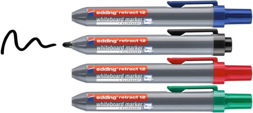 edding 12 Whiteboard Marker Retractable Bullet Tip 1.5-3mm Black Blue Red Green (Pack 4) - 4-12-4
