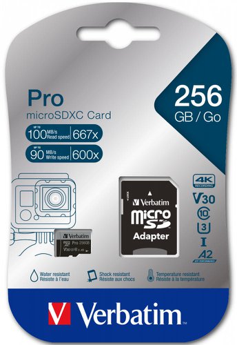 Verbatim Micro SDXC Card Pro U3 C10 A2 256GB Incl Adaptor 47045