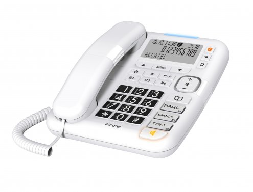 The Alcatel TMax 70 is a user-friendly corded telephone that boasts a large, easy-to-read alphanumerical display and a well-contrasted keypad with white characters on a black background to prevent dialling errors.With six direct memory keys, including three customizable labels, you can easily call your favourite contacts or store up to 99 contacts with name and number in the directory. The hands-free function and Audio-Boost/Sound Amplification button ensure effortless conversations with complete freedom of movement.The ringer is also powerful, with up to 80dB and three positions: High, Low, or Mute to never miss a call. With advanced call blocking, you can protect your privacy and block calls one by one with a single press on the dedicated key or automatically block all calls except those from your stored contacts.This ECO product also works without batteries or power supply.