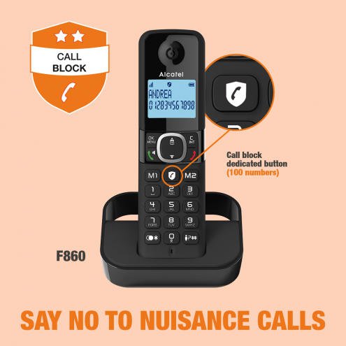 This telephone comes with advanced features that help you say NO to unwanted calls.You can choose between two call-blocking modes: Manual Mode, which lets you block individual unwanted calls during or after the call, and Automatic Mode, which only allows stored numbers to ring.The phone's high-quality hands-free function allows you to speak with complete freedom of movement, and its large backlit display ensures perfect legibility and ease of use.With 2 direct memories and a 100-name-and-number directory, you can quickly call your favourite numbers. The Alcatel F860 also offers 5 earpiece volume control options and 10 ringer melodies (with 5 sound levels + off). Its VIP function allows you to identify your correspondents by the ringtone associated with their number.The phone runs on standard 2xAAA NiMH 300mAH rechargeable batteries, which are included.