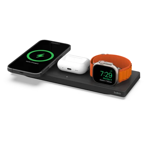 Charge your iPhone, Air Pods and Apple Watch faster with a powerful, beautifully designed BoostCharge Pro 3-in-1 Wireless MagSafe Charger pad that features the latest magnetic fast charging module for Apple Watch Series 8 and official MagSafe charging up to 15 watts for your iPhone. The sleek flat design looks great on any nightstand or desk.A safe and powerful magnetic charging module delivers a fast charge to your Apple Watch, charging from 0% to 80% in about 45 minutes. Apple Watch Ultra battery level can go from 0% to 80% in about an hour.Official MagSafe technology simplifies your iPhone charging experience with seamless alignment and a faster charge of up to 15W.