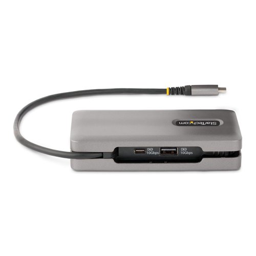 8ST10381590 | Connect this USB Type-C Multiport Adapter to a USB-C, USB4, or Thunderbolt 3/4 laptop to enable single-display HDMI 2.0b or DisplayPort 1.4 video output via DP Alt Mode, supporting resolutions up to 4K 60Hz. The USB-C dock works with USB Type-C laptops or tablets, such as a Chromebook, Dell XPS, or MacBook. It features a 3-Port USB 3.2 Gen 2 (10Gbps) Hub (2x USB-A, 1x USB-C), and Gigabit Ethernet. Connect the laptop USB-C power supply to the dedicated USB Power Delivery (PD) 3.0 port, to charge the laptop.The Multiport Adapter features an extra-long attached 12.6in. (32cm) USB-C host cable. The Thermoplastic Elastomer (TPE) cable jacket is softer and more flexible than PVC jacketed cables. The extra-long cable reduces port/connector strain, particularly when laptops are placed on riser stands, or on 2-in-1 devices with raised USB-C ports, such as the Microsoft Surface. In addition, the Multiport Adapter also features an innovative wrap-around cable manager that facilitates tangle-free storage in a laptop bag.Connect one USB-C and two USB-A peripherals to the USB 3.2 Gen 2 (10Gbps) ports.A versatile solution for adding docking station capabilities in an office, home office, hotel, or in the boardroom. It´s portable enough to be carried in a bag or backpack. This lightweight USB-C Adapter can operate with bus-power alone or connect a USB-C power adapter (not included with Multiport Adapter) for laptop charging.USB PD 3.0 features Fast Role Swap (FRS) to prevent USB data disruption when disconnecting the power source.The Gigabit Ethernet port ensures reliable wired network access, with support for PXE Boot and Wake-on-LAN (WoL)