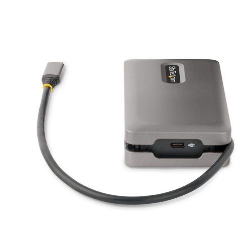 8ST10381590 | Connect this USB Type-C Multiport Adapter to a USB-C, USB4, or Thunderbolt 3/4 laptop to enable single-display HDMI 2.0b or DisplayPort 1.4 video output via DP Alt Mode, supporting resolutions up to 4K 60Hz. The USB-C dock works with USB Type-C laptops or tablets, such as a Chromebook, Dell XPS, or MacBook. It features a 3-Port USB 3.2 Gen 2 (10Gbps) Hub (2x USB-A, 1x USB-C), and Gigabit Ethernet. Connect the laptop USB-C power supply to the dedicated USB Power Delivery (PD) 3.0 port, to charge the laptop.The Multiport Adapter features an extra-long attached 12.6in. (32cm) USB-C host cable. The Thermoplastic Elastomer (TPE) cable jacket is softer and more flexible than PVC jacketed cables. The extra-long cable reduces port/connector strain, particularly when laptops are placed on riser stands, or on 2-in-1 devices with raised USB-C ports, such as the Microsoft Surface. In addition, the Multiport Adapter also features an innovative wrap-around cable manager that facilitates tangle-free storage in a laptop bag.Connect one USB-C and two USB-A peripherals to the USB 3.2 Gen 2 (10Gbps) ports.A versatile solution for adding docking station capabilities in an office, home office, hotel, or in the boardroom. It´s portable enough to be carried in a bag or backpack. This lightweight USB-C Adapter can operate with bus-power alone or connect a USB-C power adapter (not included with Multiport Adapter) for laptop charging.USB PD 3.0 features Fast Role Swap (FRS) to prevent USB data disruption when disconnecting the power source.The Gigabit Ethernet port ensures reliable wired network access, with support for PXE Boot and Wake-on-LAN (WoL)