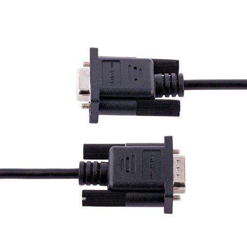 This null modem serial cable features male and female DB9 connectors. It enables a connection between serial devices at a distance of up to 3 meters. The length of the cable allows for flexible serial device setup configuration.The crossover serial cable mitigates EMI with its high-quality shielded metal shell connectors and aluminum mylar cable shielding.Install and secure the RS232 serial cable, using the thumbscrews. These connector screw locks prevent accidental disconnection which could lead to data loss/corruption.