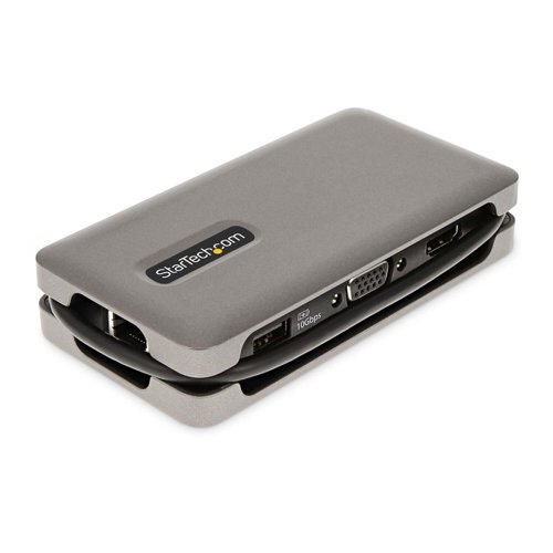 8ST10381591 | Connect this USB Type-C Multiport Adapter to a USB-C, USB4, or Thunderbolt 3/4 laptop to enable single-display 4K 60Hz HDMI 2.0b or 1080p 60Hz VGA video output via DP Alt Mode. The USB-C dock works with USB Type-C laptops or tablets, such as a Chromebook, Dell XPS, or MacBook. It features a 3-Port USB 3.2 Gen 2 (10Gbps) Hub (2x USB-A, 1x USB-C), and Gigabit Ethernet. Connect the laptop USB-C power supply to the dedicated USB Power Delivery (PD) 3.0 port, to charge the laptop.The Multiport Adapter features an extra-long attached 12.6in. (32cm) USB-C host cable. The Thermoplastic Elastomer (TPE) cable jacket is softer and more flexible than PVC jacketed cables. The extra-long cable reduces port/connector strain, particularly when laptops are placed on riser stands, or on 2-in-1 devices with raised USB-C ports, such as the Microsoft Surface. In addition, the Multiport Adapter also features an innovative wrap-around cable manager that facilitates tangle-free storage in a laptop bag.Connect one USB-C and two USB-A peripherals to the USB 3.2 Gen 2 (10Gbps) ports.A versatile solution for adding docking station capabilities in an office, home office, hotel, or in the boardroom. It´s portable enough to be carried in a bag or backpack. This lightweight USB-C Adapter can operate with bus-power alone or connect a USB-C power adapter (not included with Multiport Adapter) for laptop charging.USB PD 3.0 features Fast Role Swap (FRS) to prevent USB data disruption when disconnecting the power source.The Gigabit Ethernet port ensures reliable wired network access, with support for PXE Boot and Wake-on-LAN (WoL).