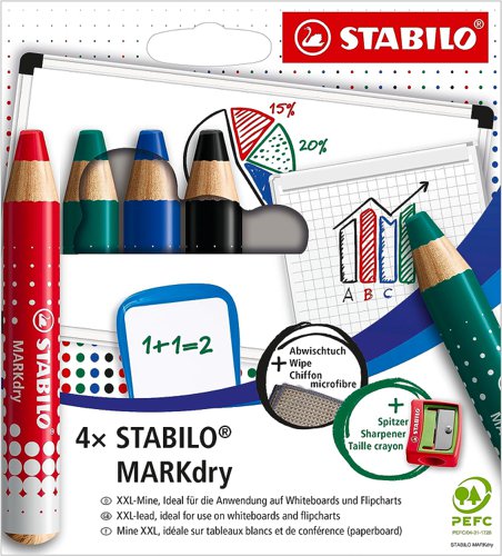STABILO MARKdry Drywipe Marker Pencil for use on Whiteboards Assorted Colours including Sharpener and Cloth (Pack 4) 648/4-5