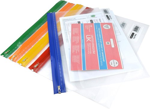 Rapesco Zippi Bag with Metal Zip A4+ Clear Assorted Colours - PK5 - 1503 Rapesco Office Products Plc