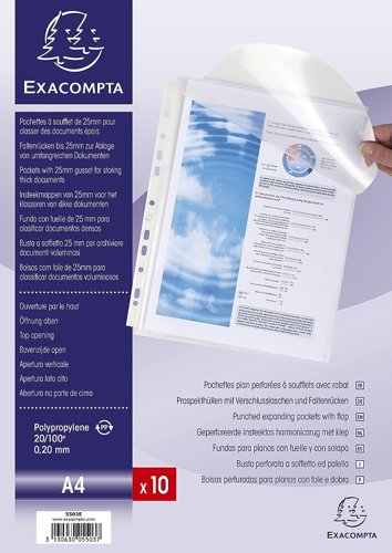 Exacompta Expanding Punched Pockets With Flap A4 Clear (Pack 10) - 5503E Punched Pockets 21930EX