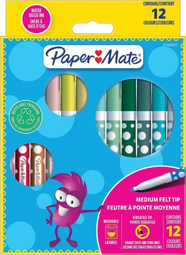 Paper Mate Childrens Felt Tip Colouring Pen Washable Assorted Colours (Pack 12) 2166507