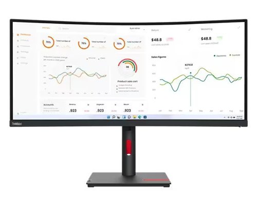 8LEN63D4ZAT1 | ThinkVision T34w-30 Monitor is 3-side near-edgeless, immersive 34in WQHD curved display. 3440 x 1440 resolution lets you take in all the finer details. A 21:9 aspect ratio delivers a panoramic experience, while a 1500R curvature delivers a consistent focal length across the screen. It is a treat for the eyes with rich, vivid colours brought to life by a 99% sRGB colour gamut. Cares for your vision too with Natural Low Blue Light technology that reduces harmful blue light emissions without colour distortions.It is designed for efficiency with a host of connectivity options including a USB Type-C (up to 75W PD), HDMI and DP ports, modular VoIP support for a video conferencing or audio with AI-enhanced MC60 and MS30 ports, and efficient network management with MAPT, PXE, and WOL (S3-S5). ThinkColour software can be easily deployed by Endpoint allows users quick control of display attributes, to help maximise productivity. The enhanced lift range gives it more flexibility to meet the working posture you find most comfortable.It accommodates an open-slot phone holder that also supports tablets of different sizes to put all your screens within view, while cleaner cable management adds to a clutter-free desk. If you’re looking for a cleaner desk, you can VESA mount this monitor too. Its one-button joystick for quick access to display controls puts accessibility at your fingertips. You’ll be pleased to know that the T34w-30 meets the ecological and health standards of TCO 9.0 regulations and comes packed in recyclable paper cushioning that’s safe for the environment too.