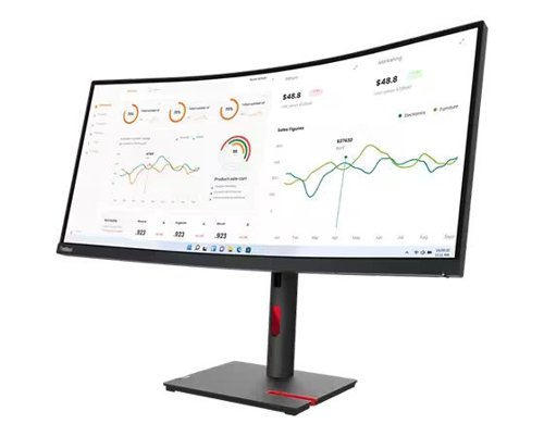 8LEN63D4ZAT1 | ThinkVision T34w-30 Monitor is 3-side near-edgeless, immersive 34in WQHD curved display. 3440 x 1440 resolution lets you take in all the finer details. A 21:9 aspect ratio delivers a panoramic experience, while a 1500R curvature delivers a consistent focal length across the screen. It is a treat for the eyes with rich, vivid colours brought to life by a 99% sRGB colour gamut. Cares for your vision too with Natural Low Blue Light technology that reduces harmful blue light emissions without colour distortions.It is designed for efficiency with a host of connectivity options including a USB Type-C (up to 75W PD), HDMI and DP ports, modular VoIP support for a video conferencing or audio with AI-enhanced MC60 and MS30 ports, and efficient network management with MAPT, PXE, and WOL (S3-S5). ThinkColour software can be easily deployed by Endpoint allows users quick control of display attributes, to help maximise productivity. The enhanced lift range gives it more flexibility to meet the working posture you find most comfortable.It accommodates an open-slot phone holder that also supports tablets of different sizes to put all your screens within view, while cleaner cable management adds to a clutter-free desk. If you’re looking for a cleaner desk, you can VESA mount this monitor too. Its one-button joystick for quick access to display controls puts accessibility at your fingertips. You’ll be pleased to know that the T34w-30 meets the ecological and health standards of TCO 9.0 regulations and comes packed in recyclable paper cushioning that’s safe for the environment too.