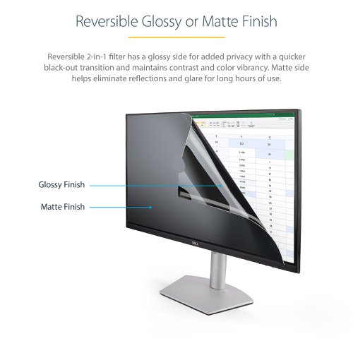 8ST10351599 | The monitor privacy screen is easy to attach and remove. Simply attach the 22 inch privacy screen to your 16:10 aspect ratio display using the attachment strips or slide-mount tabs. This confidentiality screen filter is also reversible. The matte side provides you with glare reduction and the glossy side of the privacy screen will provide you with increased clarity.Protect Your PrivacyThe privacy screen protector for desktop monitors is a great investment if you want to protect your privacy. It is a convenient and cost-effective way to keep your classified information, intellectual property or any other important data you wish to keep protected. You can have a peace of mind while working in the office or public environments because you know your screen is protected with the 30+/- degree privacy viewing angle. The cutout on the top corner of the privacy screen makes it easy to remove for sharing content with trusted audiences or switching between finishes.Blue Light ReductionLowering blue light exposure is important. To reduce digital eye strain, the monitor privacy film blocks between 40% to 51% of the blue light in the wavelength range of 380nm to 480nm.Antimicrobial ProtectionOur privacy screens feature an anti-microbial coating on the matte-side of the filter. Embedded antimicrobial technology provides protection against bacterial microbes by continuously eliminating up to 99.99% of certain surface bacteria. Antimicrobial screen protectors are ideal for environments where disinfection is important.The Choice of IT Pros Since 1985StarTech.com conducts thorough compatibility and performance testing on all our products to ensure we are meeting or exceeding industry standards and providing high-quality products to IT Professionals. Our local StarTech.com Technical Advisors have broad product expertise and work directly with our StarTech.com Engineers to provide support for our customers both pre and post-sales. The TAA compliant PRIVACY-SCREEN-22MB is backed by a StarTech.com 2-year warranty and free lifetime technical support.