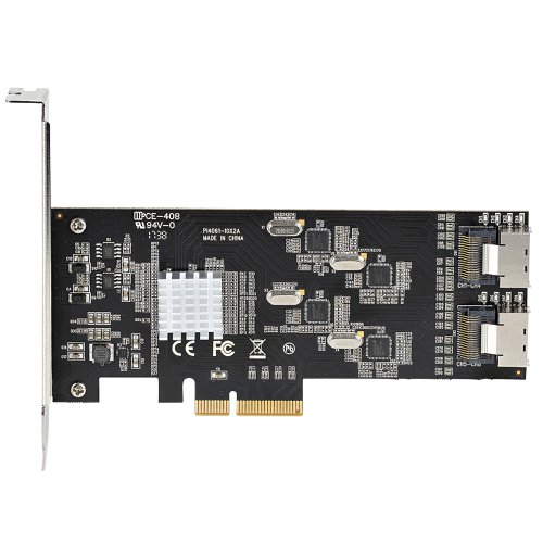 8ST10349902 | This 8-port SATA III (6Gbps) controller enables you to add eight SATA 6Gbps hard drives (HDDs) or solid State Drives (SSDs) to your computer system or server via an available PCIe x4 card slot. The card supports SATA III and PCI-Express Gen 2 Specifications and four SATA controllers to deliver a high-performance data storage solution.Quad Controllers to Deliver 8-Port SATA 6Gbps PerformanceFeaturing four 2-Port SATA 6Gbps controllers and a PCIe-x4 MUX, this SATA card enables the connection of eight high-performance SATA 6Gbps drives with a combined total throughput of up to 16Gbps. The SATA drives are connected via two Mini-SAS ports with two included Mini-SAS to 4x-SATA adapter cables. To ensure a secure connection, each SATA port on the included cables features a locking connector, that will prevent the drive from accidental disconnection when working inside your computer case.Wide CompatibilityThe PCIe MUX that's built into this controller card manages the downstream controllers, which improves motherboard compatibility by ensuring the card will work with motherboards that support bifurcation and motherboards that do not. To further improve motherboard compatibility the card does not have a built-in RAID controller, but fully supports the use of software RAID. Plus, with supports for PCIe Gen 2 and SATA III Specifications this card ensures backward compatibility with previous generations (SATA I/II, PCIe Gen 1) at lower performance.The controller card is widely supported across all popular operating system platforms including Windows (7,8,10, 11), macOS (10.10 - 11) and Linux (2.6.32 and above).Hassle-Free InstallationThe SATA controller card features plug-and-play installation and can be installed in full-profile and low-profile computer systems with a full-profile bracket preinstalled, and an interchangeable low-profile (half-height) bracket included. The card also supports storage software data management systems such as Storage Spaces (Microsoft) , RAID Assistant (MacOS) and mdraid/mdadm (Linux), for hassle-free setup, partitioning and software RAID array building.