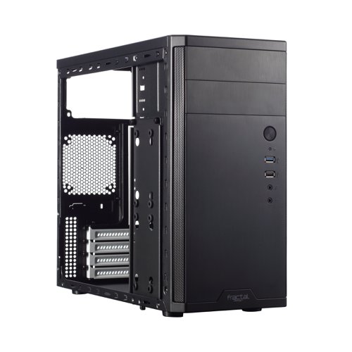 8FR10070676 | Despite its extremely small outer dimensions, the Core 1100 mATX case provides everything you need. The stylish, Scandinavian exterior design is matched by the fully painted interior, complete with the signature white details of Fractal Design. The case is optimized for airflow with a straight cooling path, and comes equipped with a pre-installed 120mm fan. The front panel is equipped with dust filters. An innovative vertical hard drive bracket can fit either two 3.5” drives, three 2.5” drives, or one drive of each size. Both the 3.5” drive slots come with silicone vibration dampening grommets.