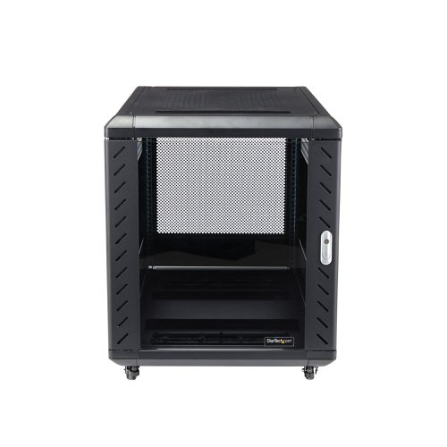 8ST10014690 | This server rack provides 12U of storage space in a sleek secure cabinet for storing EIA-310 compliant 19'' rackmount devices such as Dell, HP and IBM servers along with telecommunication and A/V equipment. The rack creates a robust storage solution supporting a total load capacity of 800 kg. (1763.7 lbs).Hassle-free equipment installationThis rack has been engineered with different features that enable you to easily incorporate plenty of equipment.With adjustable mounting rails you can easily change the rail depth to up to 29 in. (740mm). These rails ensure the cabinet is widely compatible with your standard rackmountable equipment. The added depth also provides support for additional cable and power management behind your equipment.The rack features brushed ports on the ceiling and floor panels that enable you to easily run cabling to the inside and outside of the cabinet, for discreet cable management. The floor and ceiling panels can also be removed enabling you to customize your setup, and the rack features grounding lugs that enable you to ground your equipment for added protection.Securely protect your equipment while still being able to see itTo ensure you have full visibility of your equipment while securely locking it up, this rack has a stylish glass window on the front door. The glass door looks great in any server room, and gives you the freedom to clearly monitor equipment without the hassle of opening your rack.The rack also has removable side panels with independent locks quick-release mechanisms that enable you to easily access your equipment while still keeping it secure.Save money, with a cost effective, compact shipping containerThe cabinet comes in a flat packed box to reduce shipping volume, which significantly reduces your costs in shipping. Plus, because the rack is packaged efficiently, you can easily store the cabinet, for deployment at a later date.Maximum Manoeuvrability, with casters includedThe cabinet features casters ensuring hassle-free access to the rear mounted equipment, while providing ease of mobility around your office, studio or server room. Plus, the width and height of the rack fits through standard doorways, giving you the freedom to wheel your server rack into different rooms.Ensure your equipment is running at an optimal temperatureThe rear door on the rack is mesh, and the front glass door is vented, working together to increase airflow to provide passive cooling that's cost effective and ensures your equipment runs at an optimal temperature.The top ceiling panel features square venting holes that are cage nut compatible, which provide mounting points that enable you to add additional equipment at the top of your rack.The RK1236BKF is backed by a lifetime StarTech.com warranty with free technical support.