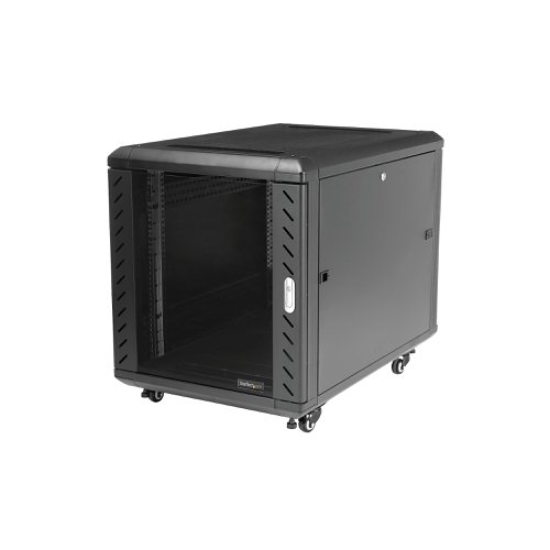 8ST10014690 | This server rack provides 12U of storage space in a sleek secure cabinet for storing EIA-310 compliant 19'' rackmount devices such as Dell, HP and IBM servers along with telecommunication and A/V equipment. The rack creates a robust storage solution supporting a total load capacity of 800 kg. (1763.7 lbs).Hassle-free equipment installationThis rack has been engineered with different features that enable you to easily incorporate plenty of equipment.With adjustable mounting rails you can easily change the rail depth to up to 29 in. (740mm). These rails ensure the cabinet is widely compatible with your standard rackmountable equipment. The added depth also provides support for additional cable and power management behind your equipment.The rack features brushed ports on the ceiling and floor panels that enable you to easily run cabling to the inside and outside of the cabinet, for discreet cable management. The floor and ceiling panels can also be removed enabling you to customize your setup, and the rack features grounding lugs that enable you to ground your equipment for added protection.Securely protect your equipment while still being able to see itTo ensure you have full visibility of your equipment while securely locking it up, this rack has a stylish glass window on the front door. The glass door looks great in any server room, and gives you the freedom to clearly monitor equipment without the hassle of opening your rack.The rack also has removable side panels with independent locks quick-release mechanisms that enable you to easily access your equipment while still keeping it secure.Save money, with a cost effective, compact shipping containerThe cabinet comes in a flat packed box to reduce shipping volume, which significantly reduces your costs in shipping. Plus, because the rack is packaged efficiently, you can easily store the cabinet, for deployment at a later date.Maximum Manoeuvrability, with casters includedThe cabinet features casters ensuring hassle-free access to the rear mounted equipment, while providing ease of mobility around your office, studio or server room. Plus, the width and height of the rack fits through standard doorways, giving you the freedom to wheel your server rack into different rooms.Ensure your equipment is running at an optimal temperatureThe rear door on the rack is mesh, and the front glass door is vented, working together to increase airflow to provide passive cooling that's cost effective and ensures your equipment runs at an optimal temperature.The top ceiling panel features square venting holes that are cage nut compatible, which provide mounting points that enable you to add additional equipment at the top of your rack.The RK1236BKF is backed by a lifetime StarTech.com warranty with free technical support.