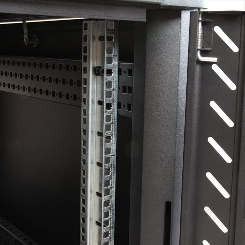 This server rack provides 12U of storage space in a sleek secure cabinet for storing EIA-310 compliant 19'' rackmount devices such as Dell, HP and IBM servers along with telecommunication and A/V equipment. The rack creates a robust storage solution supporting a total load capacity of 800 kg. (1763.7 lbs).Hassle-free equipment installationThis rack has been engineered with different features that enable you to easily incorporate plenty of equipment.With adjustable mounting rails you can easily change the rail depth to up to 29 in. (740mm). These rails ensure the cabinet is widely compatible with your standard rackmountable equipment. The added depth also provides support for additional cable and power management behind your equipment.The rack features brushed ports on the ceiling and floor panels that enable you to easily run cabling to the inside and outside of the cabinet, for discreet cable management. The floor and ceiling panels can also be removed enabling you to customize your setup, and the rack features grounding lugs that enable you to ground your equipment for added protection.Securely protect your equipment while still being able to see itTo ensure you have full visibility of your equipment while securely locking it up, this rack has a stylish glass window on the front door. The glass door looks great in any server room, and gives you the freedom to clearly monitor equipment without the hassle of opening your rack.The rack also has removable side panels with independent locks quick-release mechanisms that enable you to easily access your equipment while still keeping it secure.Save money, with a cost effective, compact shipping containerThe cabinet comes in a flat packed box to reduce shipping volume, which significantly reduces your costs in shipping. Plus, because the rack is packaged efficiently, you can easily store the cabinet, for deployment at a later date.Maximum Manoeuvrability, with casters includedThe cabinet features casters ensuring hassle-free access to the rear mounted equipment, while providing ease of mobility around your office, studio or server room. Plus, the width and height of the rack fits through standard doorways, giving you the freedom to wheel your server rack into different rooms.Ensure your equipment is running at an optimal temperatureThe rear door on the rack is mesh, and the front glass door is vented, working together to increase airflow to provide passive cooling that's cost effective and ensures your equipment runs at an optimal temperature.The top ceiling panel features square venting holes that are cage nut compatible, which provide mounting points that enable you to add additional equipment at the top of your rack.The RK1236BKF is backed by a lifetime StarTech.com warranty with free technical support.