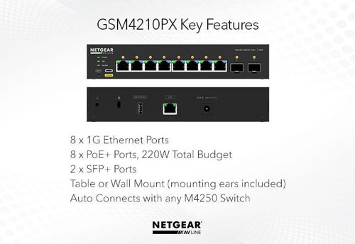 NETGEAR AV Line 8-Port Managed Rackmount Gigabit PoE Plus Switch with 2 x 1GbE SFP Plus Ports 8NE10376600 Buy online at Office 5Star or contact us Tel 01594 810081 for assistance