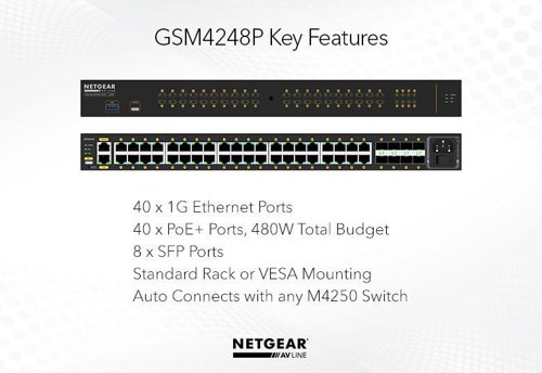 8NE10341886 | The NETGEAR M4250 Switch Series introduces the AV Line, developed and engineered for audio/video professionals with dedicated service and support. M4250 has been built from the ground up for the growing AV over IP market, combining years of networking expertise in AV with M4300 and M4500 series with best practices from leading experts in the professional AV market. AV codecs generally use 1Gbps or 10Gbps per stream and the AV Line of M4250 targets the widespread 1Gbps codecs.