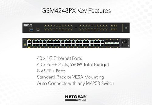 8NE10341887 | The NETGEAR M4250 Switch Series introduces the AV Line, developed and engineered for audio/video professionals with dedicated service and support. M4250 has been built from the ground up for the growing AV over IP market, combining years of networking expertise in AV with M4300 and M4500 series with best practices from leading experts in the professional AV market. AV codecs generally use 1Gbps or 10Gbps per stream and the AV Line of M4250 targets the widespread 1Gbps codecs.