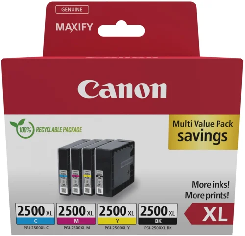 Canon PGI-2500XL Black & Colour High Yield Ink Cartridge 70.9ml + 3x 19.3ml - 9254B010
