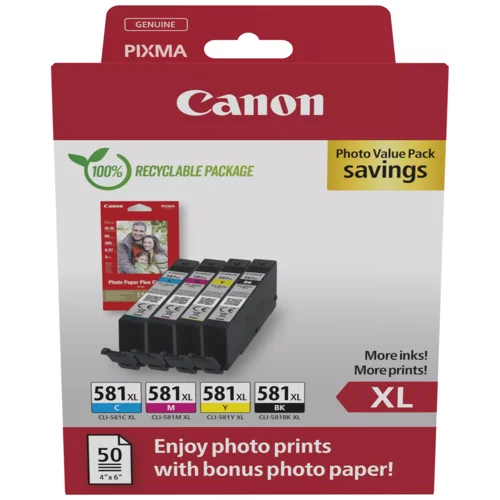 Canon CLI-581XL Black & Colour High Yield Ink Cartridge 8.3ml + Photo Paper Plus Glossy 101.6 x 152.4mm 50Pk - 2052C006