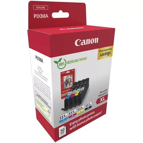 CO67925 Canon CLI-551XL Inkjet Cartridges + Glossy Photo Paper Value Pack High Yield CMYK 6443B008