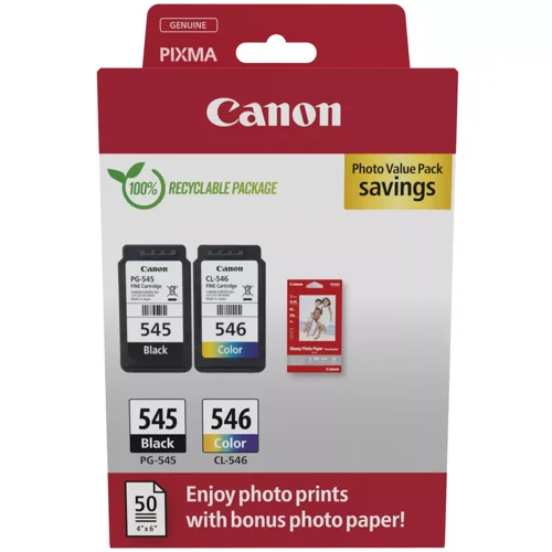 Canon PG-545/CL-546 Black & Colour Standard Ink Cartridge 8ml + Photo Paper 101.6 x 152.4mm 50Pk - 8287B008